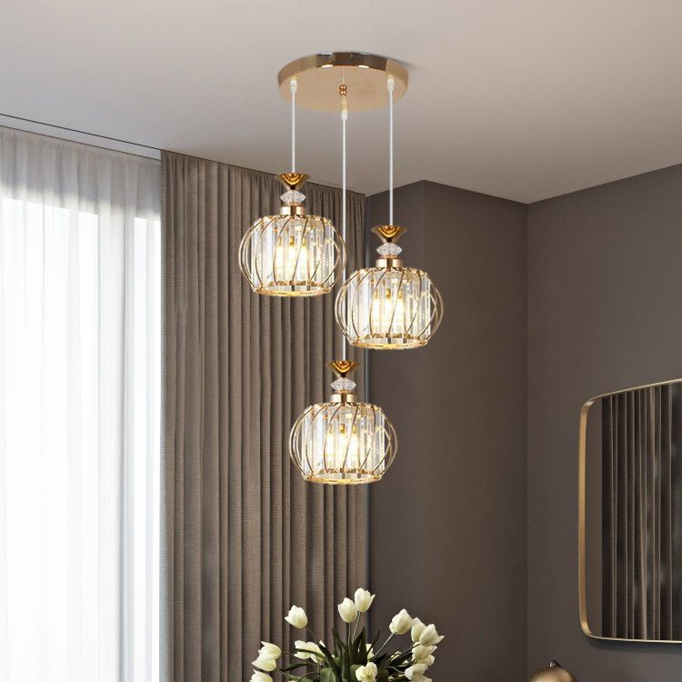 2023 New Ceiling Hanging Lamp with Mini Metal Cage Simple Kitchen Island Modern Gold Crystal Chandelier Pendant Light Fixtures