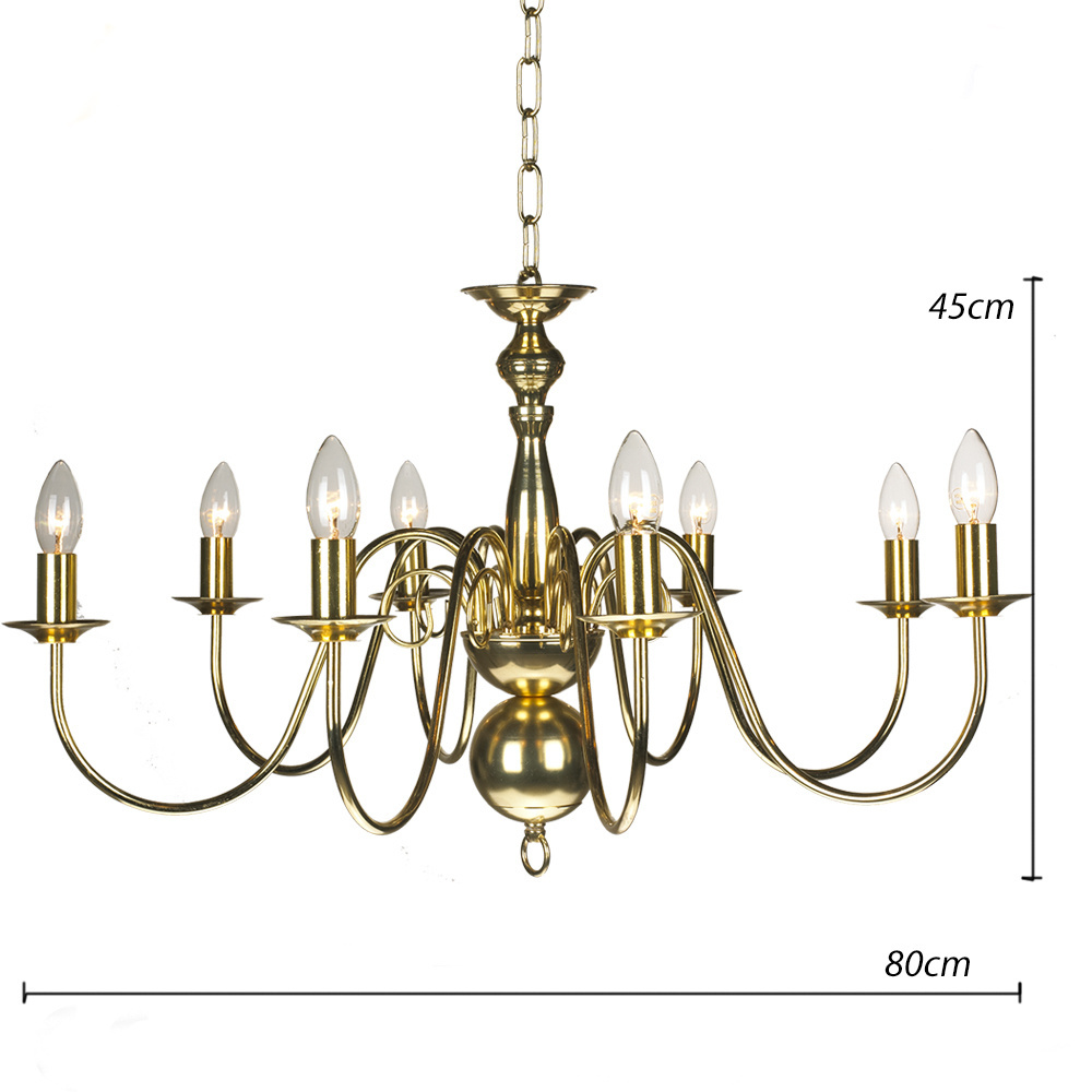 retro vintage 8-Light Polished Brass Chandelier Hanging Candle Lamp Ceiling Fixture Gold Chain NS-120222