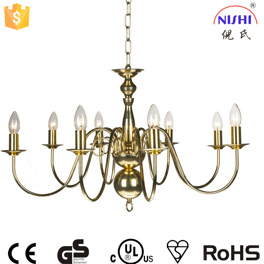 retro vintage 8-Light Polished Brass Chandelier Hanging Candle Lamp Ceiling Fixture Gold Chain NS-120222