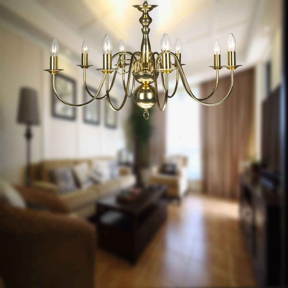 retro vintage 8-Light Polished Brass Chandelier Hanging Candle Lamp Ceiling Fixture Gold Chain NS-120222