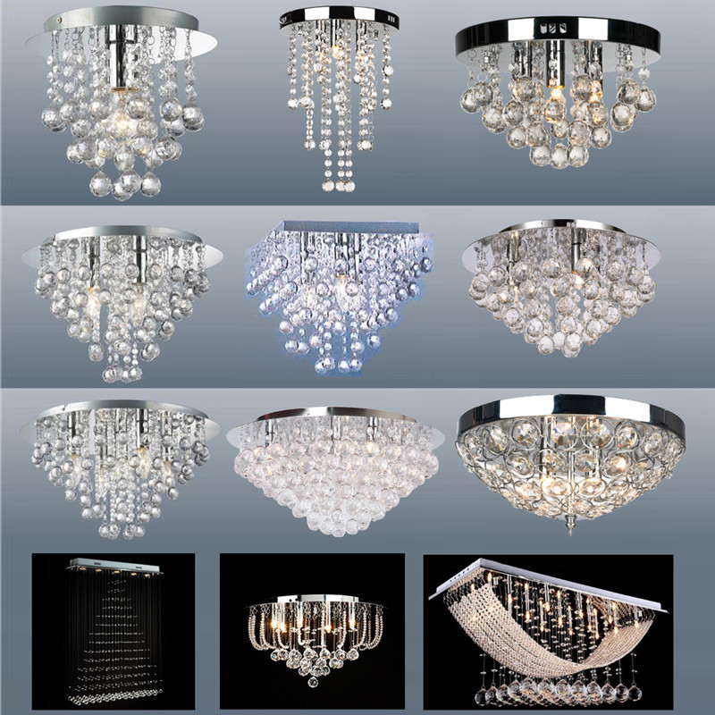 Crystal Droplets Silver Chrome LED Ceiling Flush Pendant Light Chandelier Flush Mounted