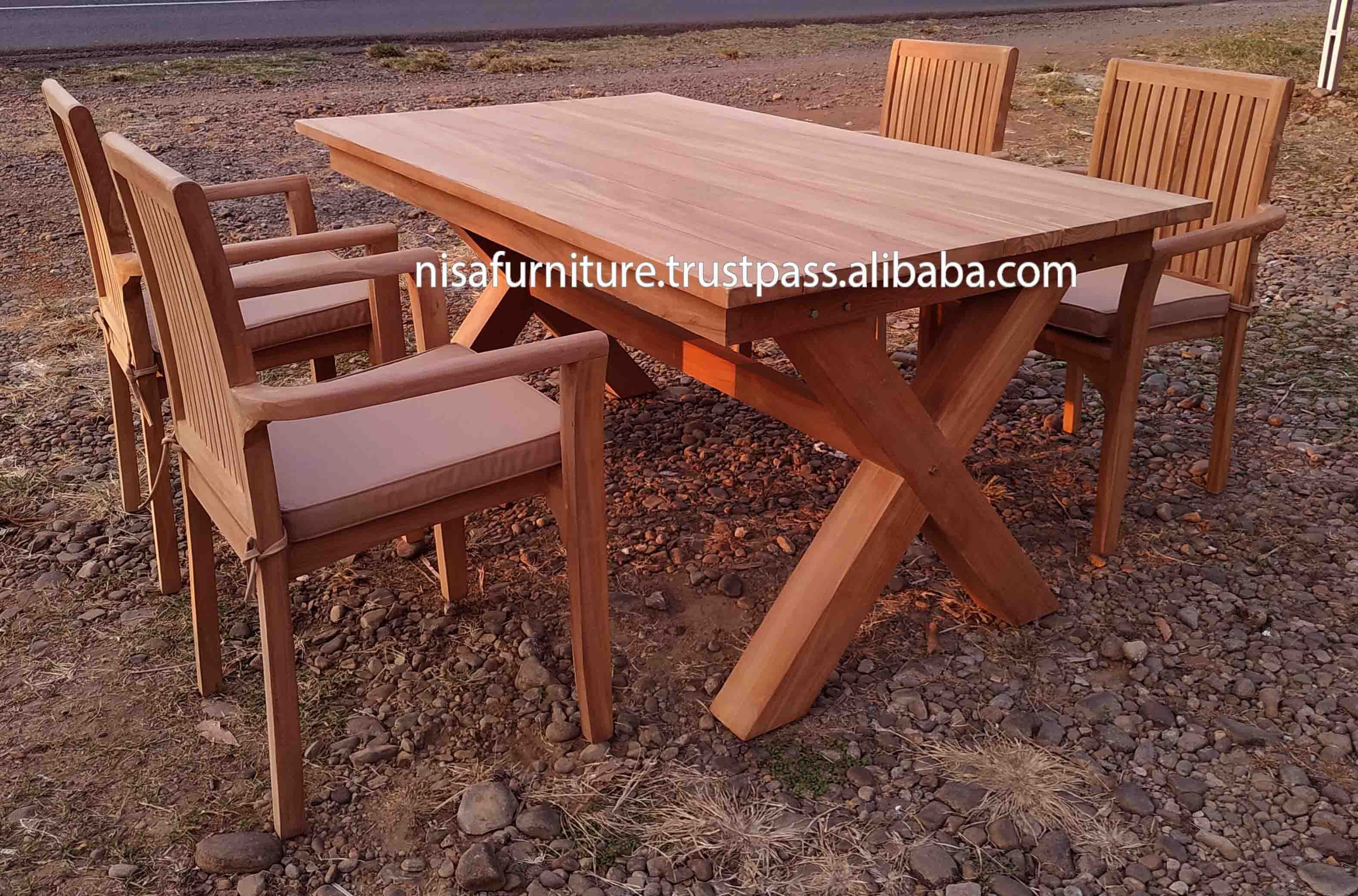 Teak X leg dining 4 chairs and table set Outdoor Garden Patio furniture