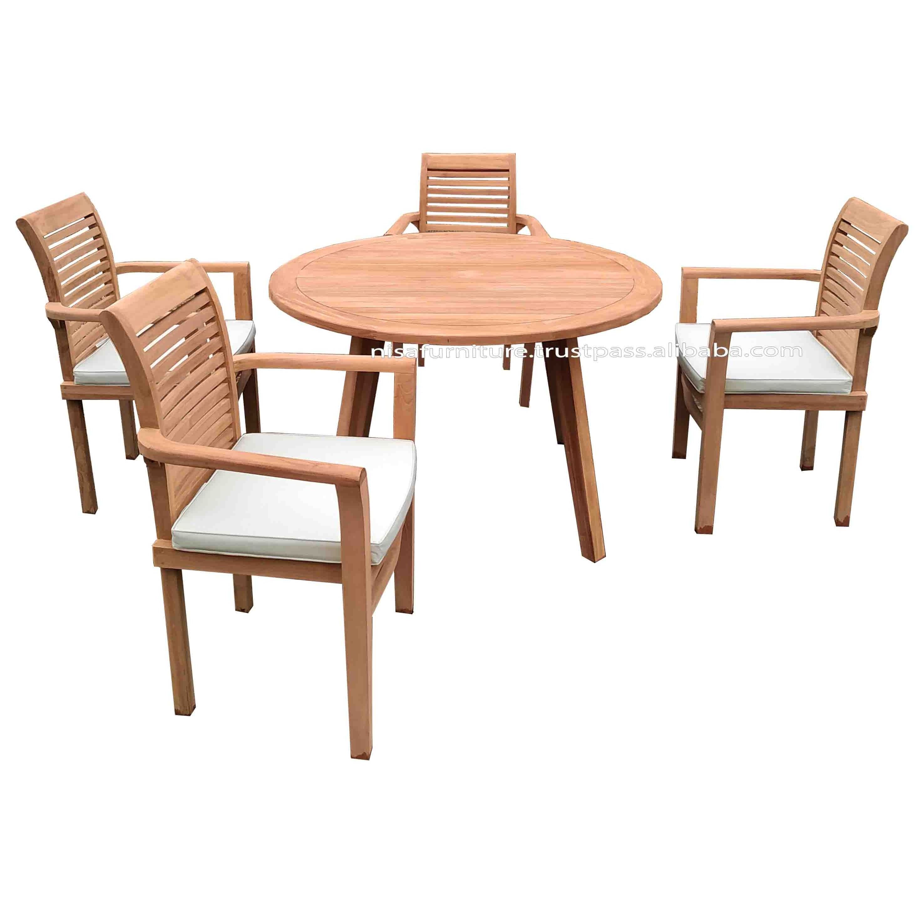 Round table modern design Stacking Chair Horizontal Slats Teak dining chairs and table Outdoor Patio Garden Sets Furniture