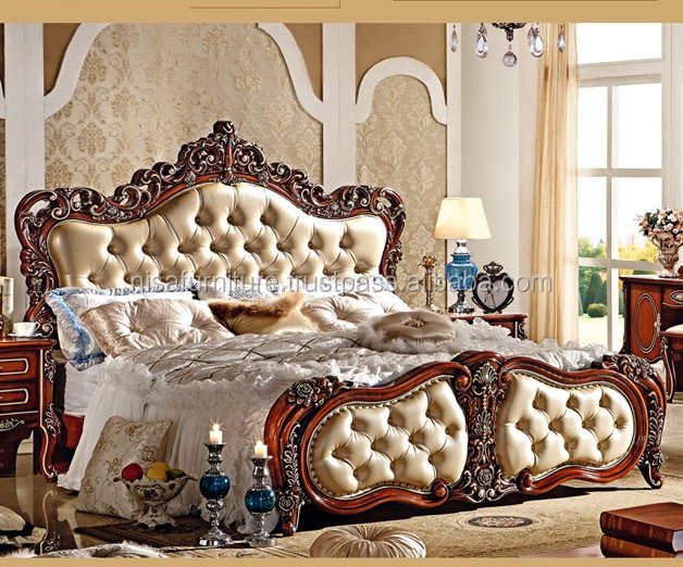 Italian carved wooden beds royal furniture antique bedroom Indonesia solid mahogany furniture set