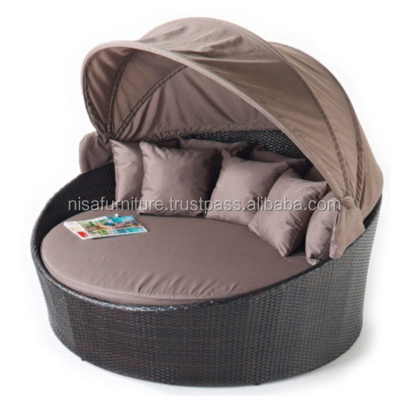 Round Wicker Rattan Daybed with Canopy otherhomefurniture