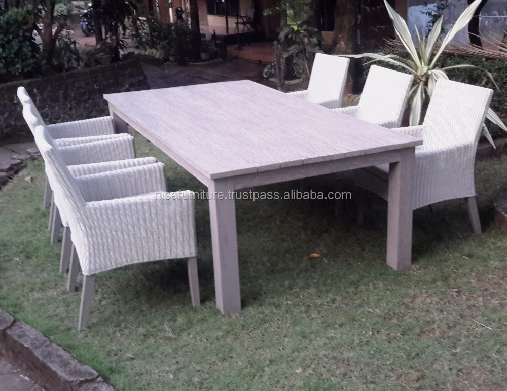 Rustic Weathered Gray synthetic rattan material dining 6 chairs and Teak Square tables outdoor patio furniture