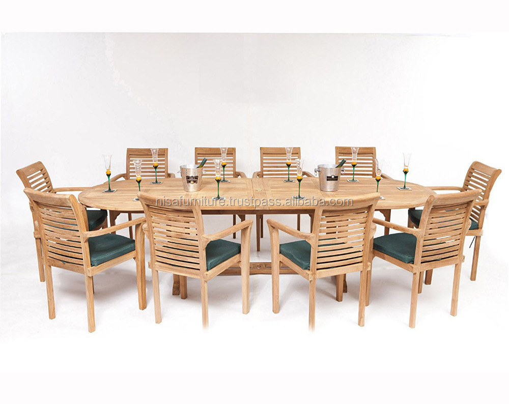 Dining Stackable Chairs and Extension Table Solid Teak Wood Garden Sets Outdoor Furniture