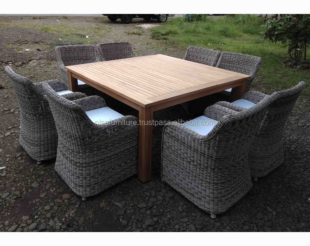 Synthetic Rattan Wicker Teak Wood  Square dining table chairs Garden Outdoor Furniture Sets