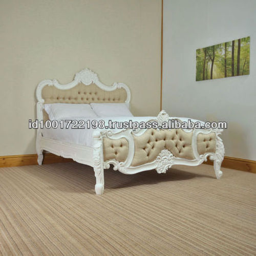 French Style White up-holstered carved wooden rococo beds frame for bedroom furniture