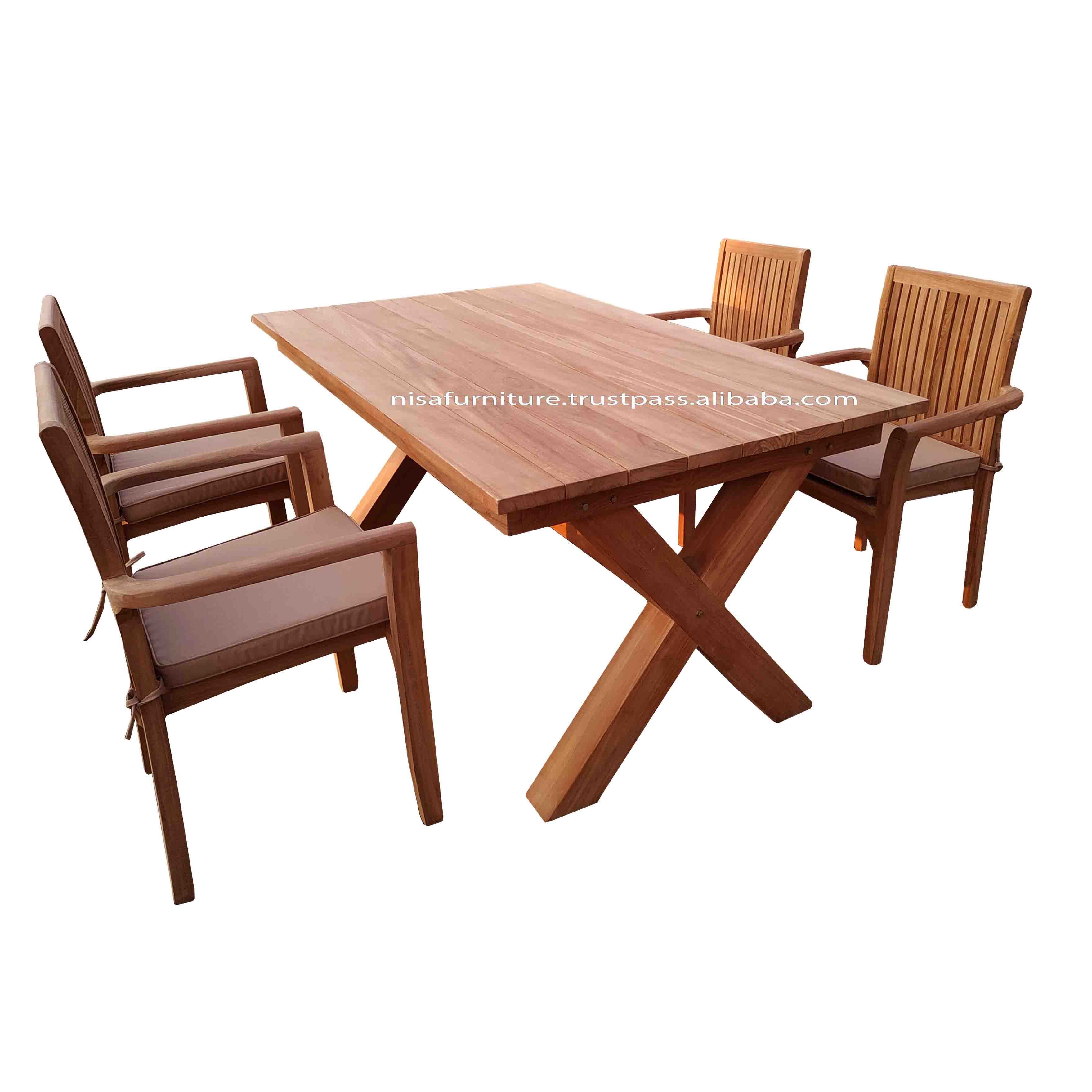 Teak X leg dining 4 chairs and table set Outdoor Garden Patio furniture