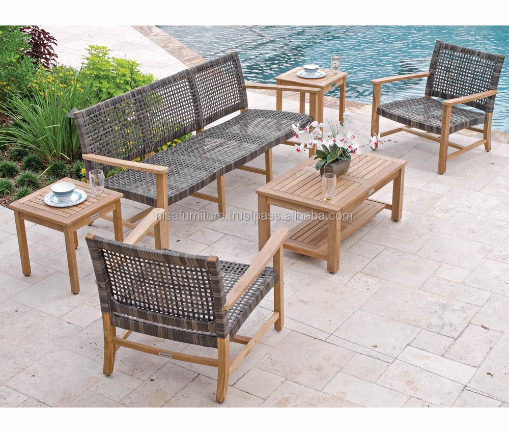 Outdoor furniture Sofa Wicker synthetic rattan with Teak wood designs garden sets