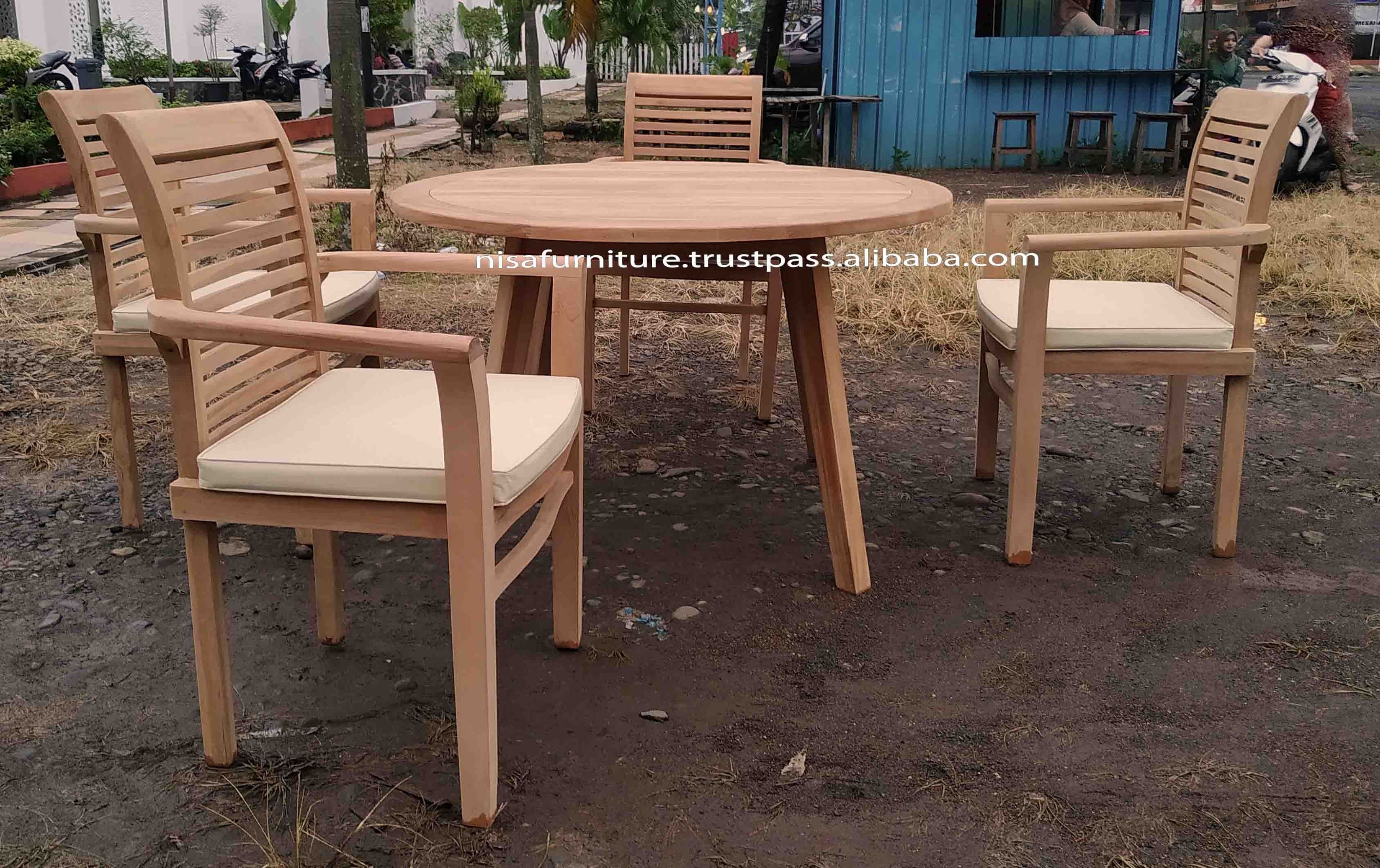 Round table modern design Stacking Chair Horizontal Slats Teak dining chairs and table Outdoor Patio Garden Sets Furniture