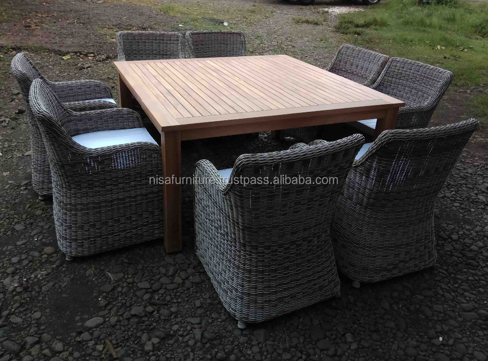 Synthetic Rattan Wicker Teak Wood  Square dining table chairs Garden Outdoor Furniture Sets