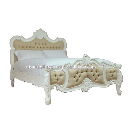 French Style White up-holstered carved wooden rococo beds frame for bedroom furniture