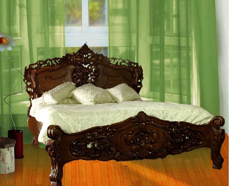 Wooden Rococo Beds Walnut Finished frame