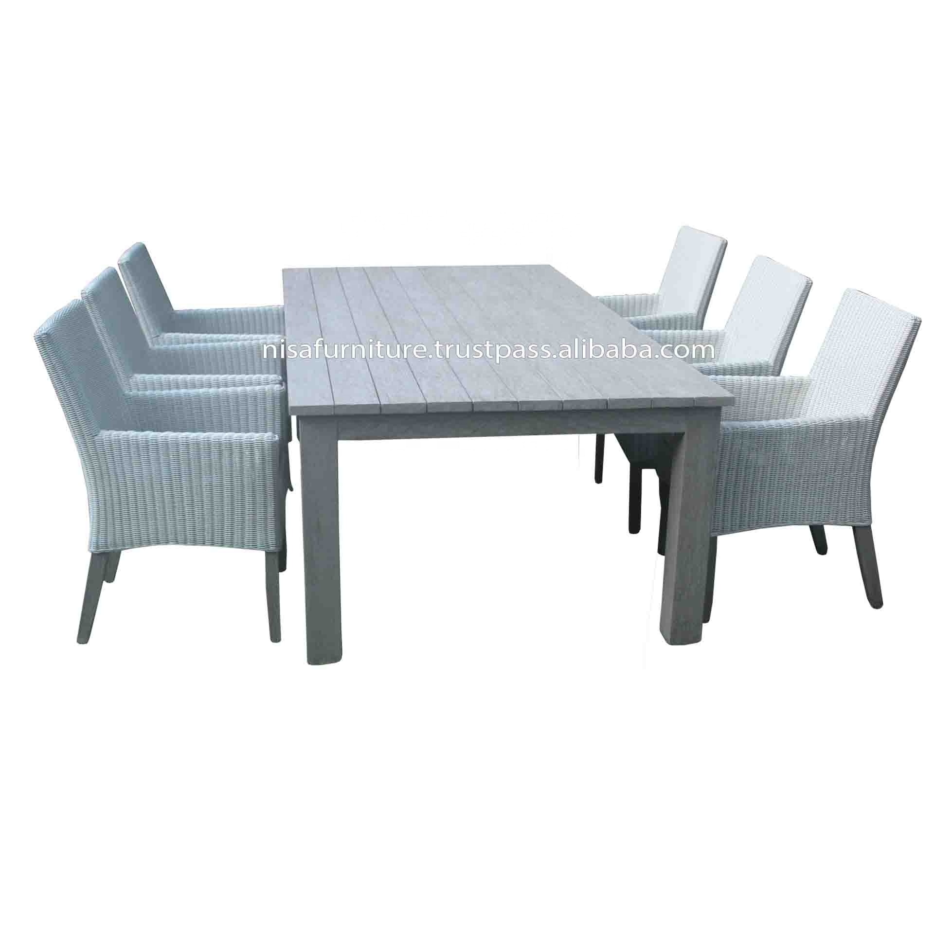 Rustic Weathered Gray synthetic rattan material dining 6 chairs and Teak Square tables outdoor patio furniture