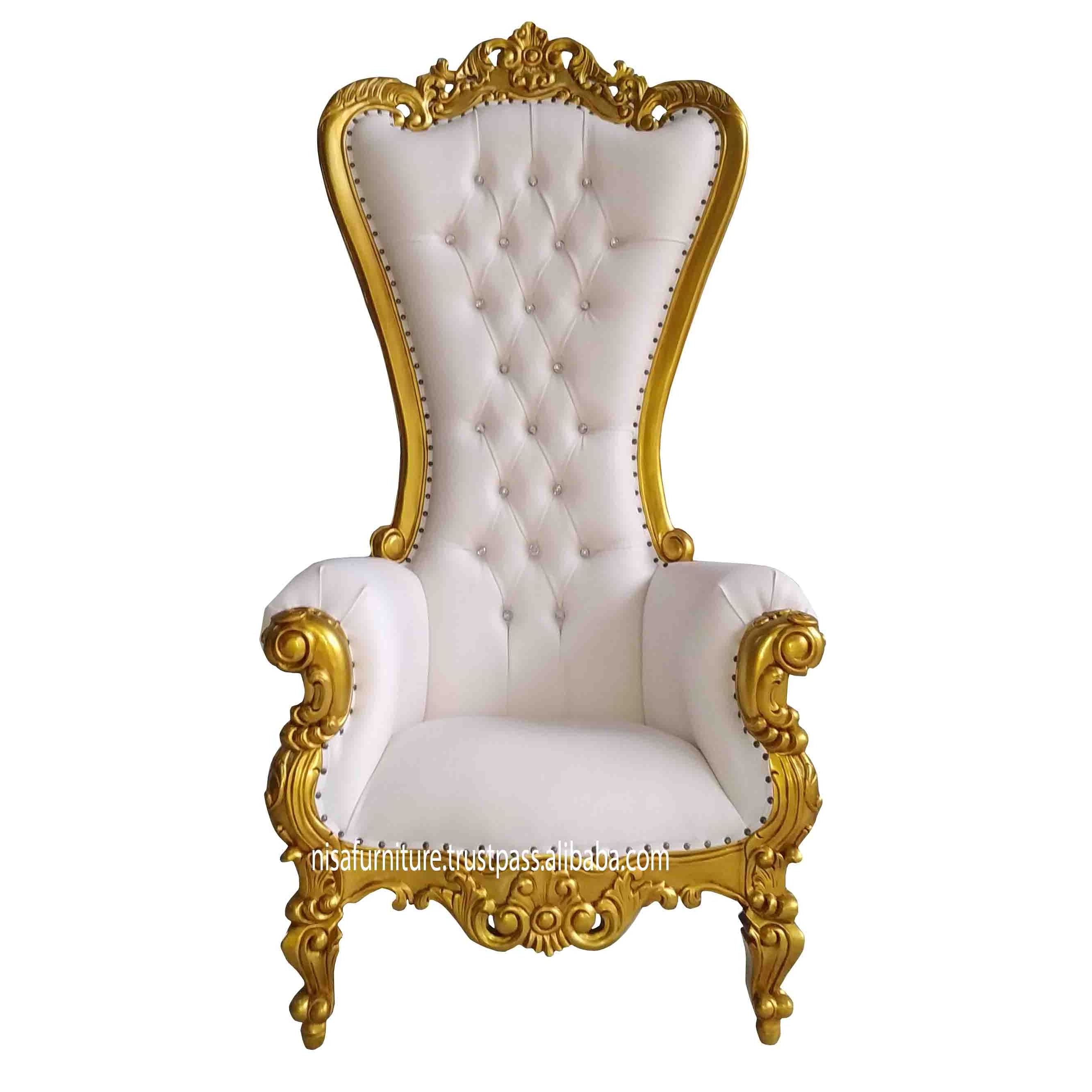 Wooden White king Throne chairs High Back Luxury White Cream Synthetic leather living room chairs