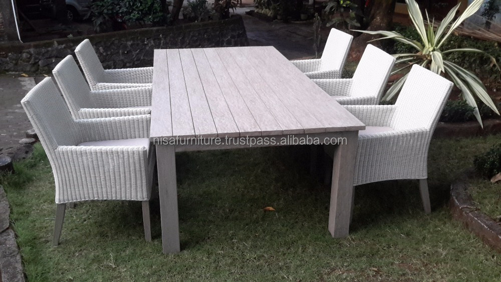 Rustic Weathered Gray synthetic rattan material dining 6 chairs and Teak Square tables outdoor patio furniture