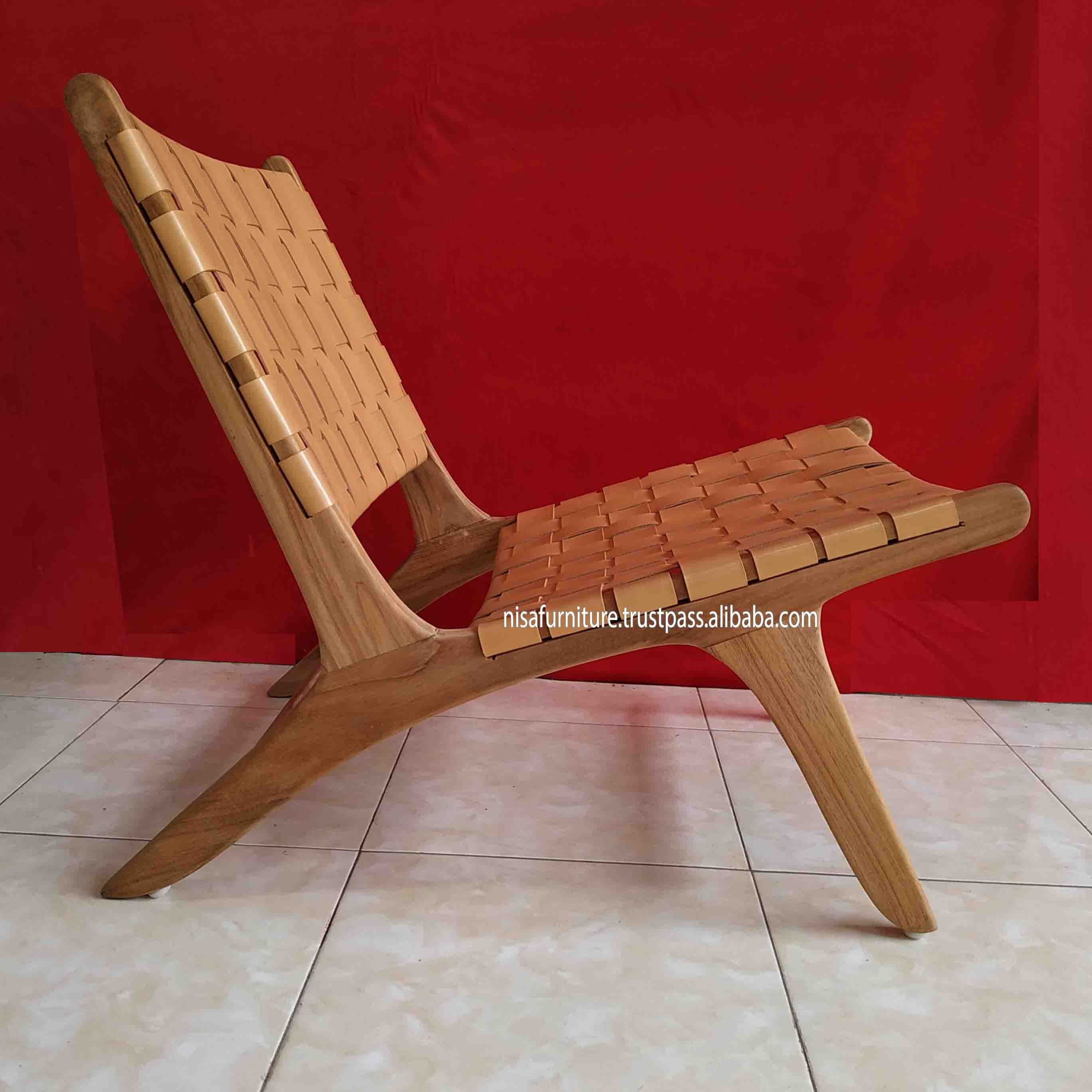 Brown Genuine  Leather Teak Wooden Lounge Relax Chair living room chairs