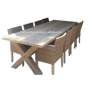 Garden Outdoor Teak Dining Table Set Synthetic Rattan Wicker Material Furniture