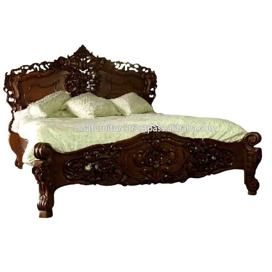 Wooden Rococo Beds Walnut Finished frame