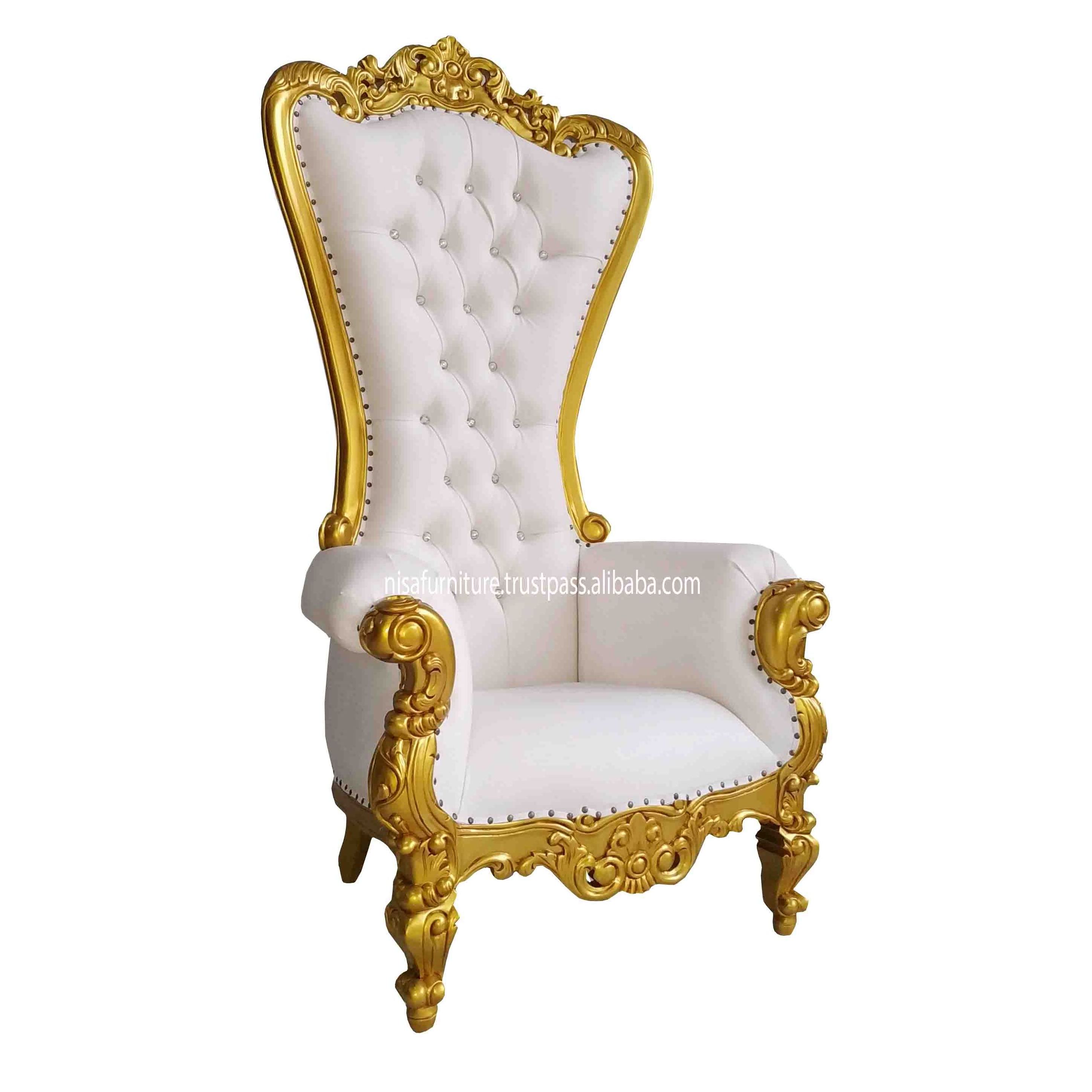 Wooden White king Throne chairs High Back Luxury White Cream Synthetic leather living room chairs