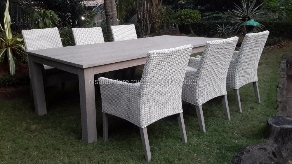 Rustic Weathered Gray synthetic rattan material dining 6 chairs and Teak Square tables outdoor patio furniture