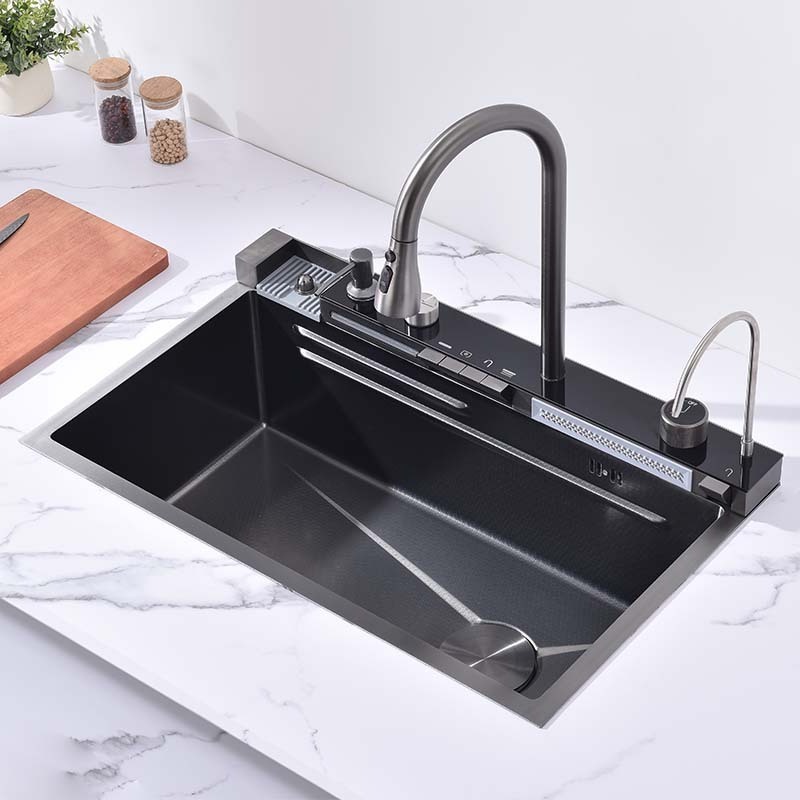 Black Grey Nano Kitchen Sink Waterfall Single Bowl Workstation Sink Multi-functional Digital Display Fly Rain Pull-Out Faucet