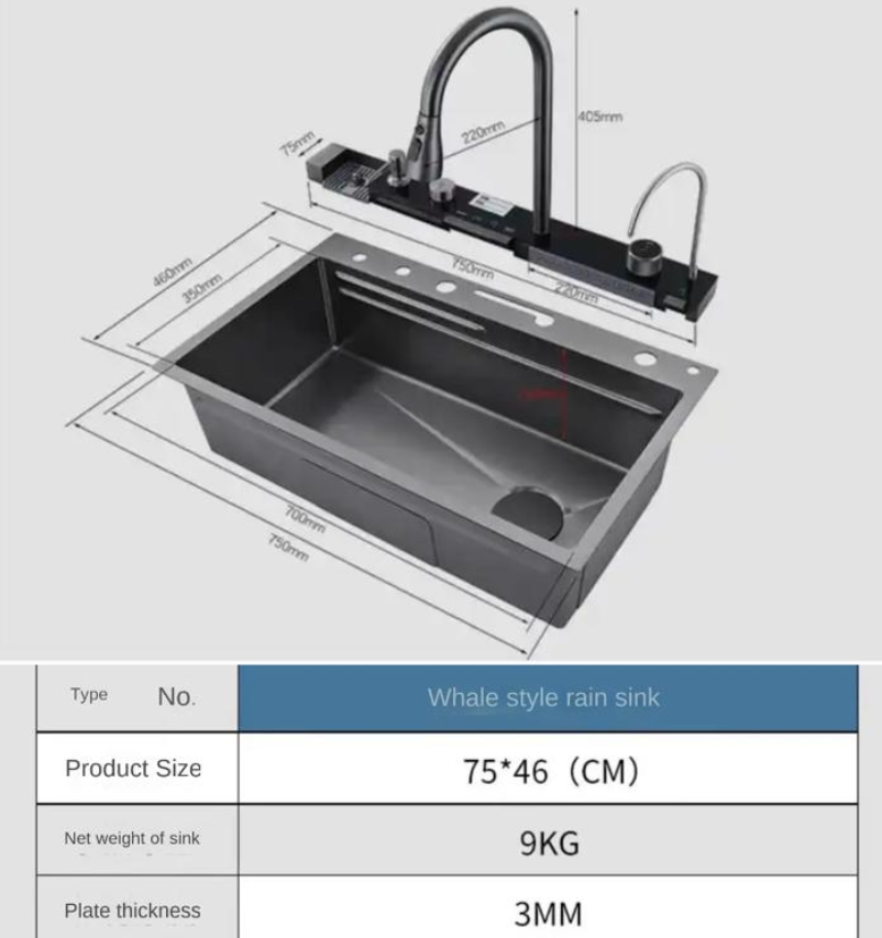 Digital Waterfall Kitchen Sink with Whole Set Accessories SUS304 Stainless Steel Durable Multi Function Single Big Bowl