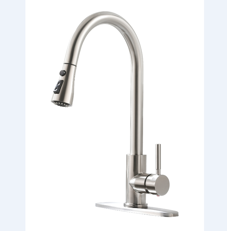 Kaiping Supplier Solid Brass Pull Out Kitchen Sink Faucet Main Body Single Handle Single Hole with Deck Plate Pull Down Modern