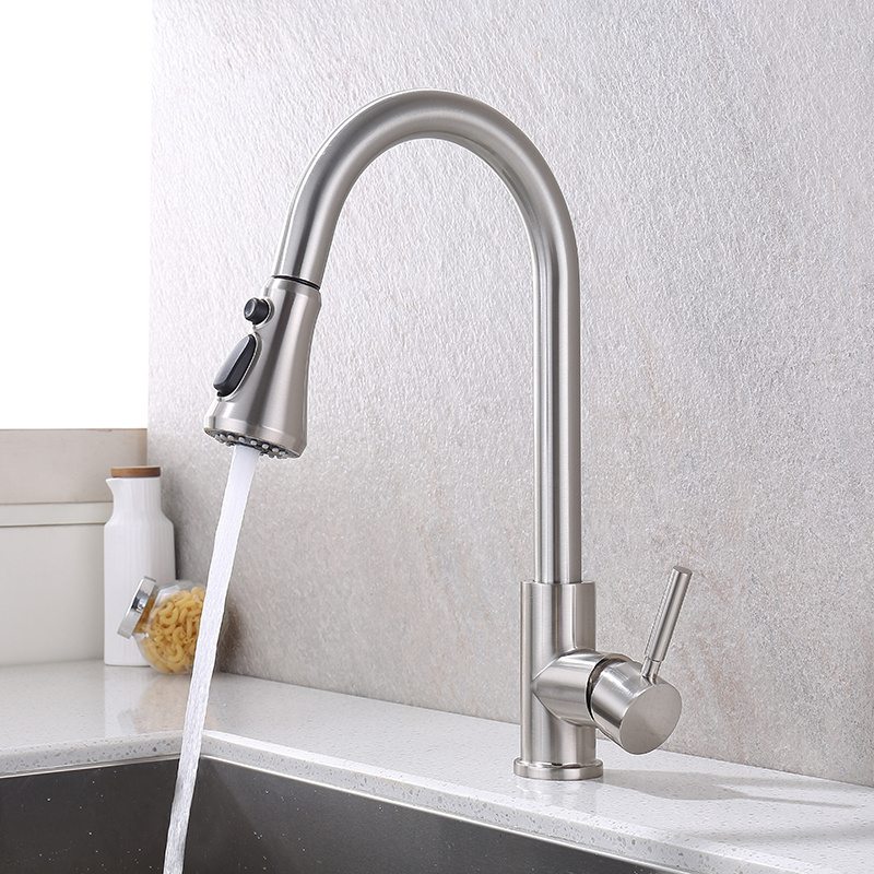 3-way Pull Out Kitchen Faucet Brushed Nickel Pullout Kitchen Tap Single Handle Brass Main Body Zinc Handle Cold Hot Water Modern