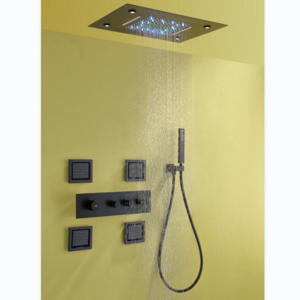 Oil Rubbed Bronze Rainfall Shower Faucet Ceiling Mount LED 12" Shower Head with Hand Shower Massage Body Jets