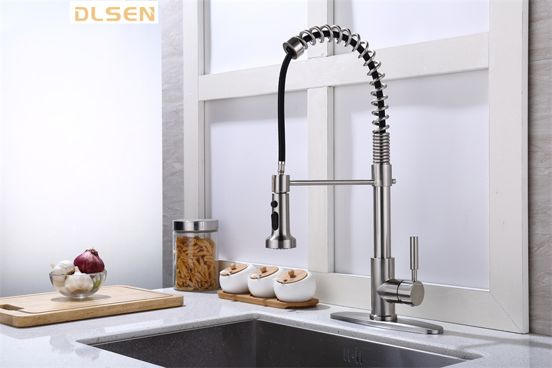 Contemporary Brass Brushed Nickel Pull Down Kitchen Mixer Tap with Spring Kitchen Sink Faucet Taps for Farm House