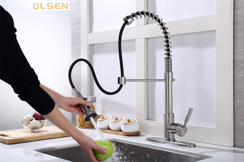 Contemporary Brass Brushed Nickel Pull Down Kitchen Mixer Tap with Spring Kitchen Sink Faucet Taps for Farm House