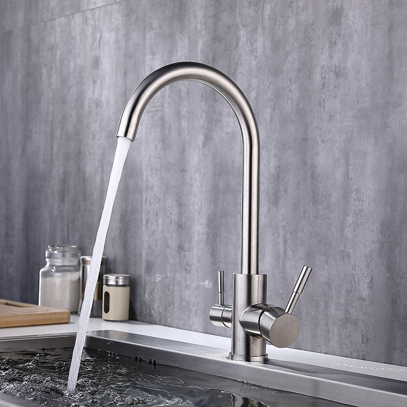 Brushed SUS304 Kitchen Faucets with Dual Handle Deck Mounted Stainless Steel Kitchen Tap Mixer for Project