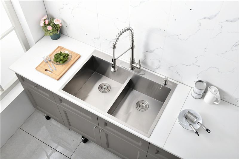 Commercial Double Bowl Top Mounted Drop-in Kitchen Sink 304 Workstation Sink Premium Stainless Steel Modern Hotel Brushed SUS304