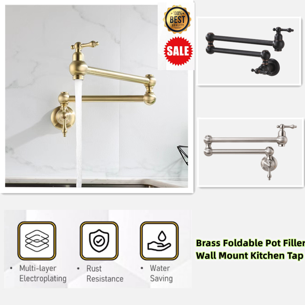 Pot Filler Tap Wall Mounted Kitchen Faucet Cold Water Sink Tap Rotate Folding Spout H59 Brass Brushed Gold Single Handle Modern