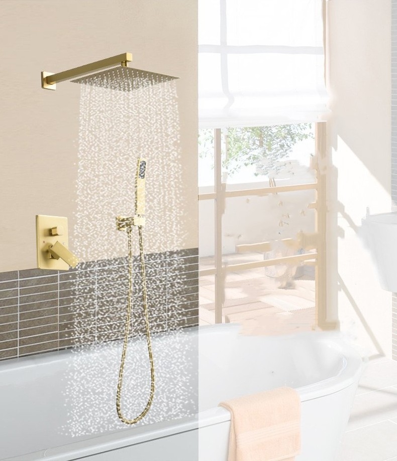 Square 12 Inch Brushed Gold Shower Faucet Set with Rain Handheld Wall Mounted Shower Mixer Complete for Bathroom Shower Fixtures