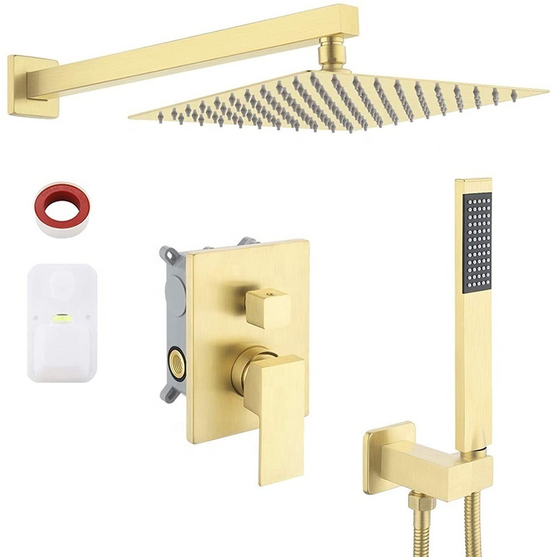 Square 12 Inch Brushed Gold Shower Faucet Set with Rain Handheld Wall Mounted Shower Mixer Complete for Bathroom Shower Fixtures