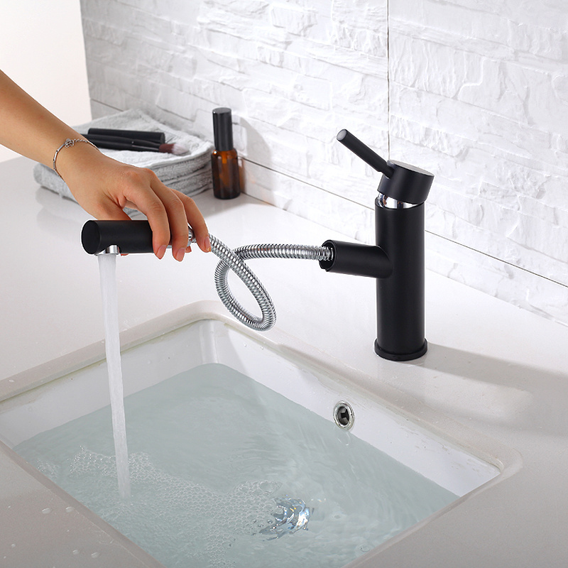 Fancy brass pull out sanitary ware faucets single level matte black sink mixer faucet with pull down spray