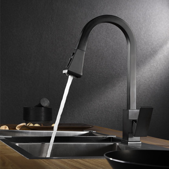 High quality brass kitchen faucets with pull out spray head matte black copper sink taps for hot cold water