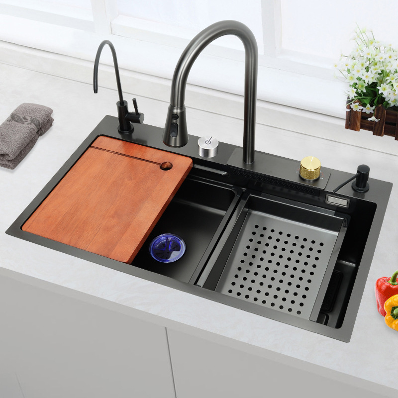 Hot Selling Waterfall Kitchen Sink Nano Black 304 Stainless Steel Handmade Kitchen Sink with Waterfall Pull Out Kitchen Faucet