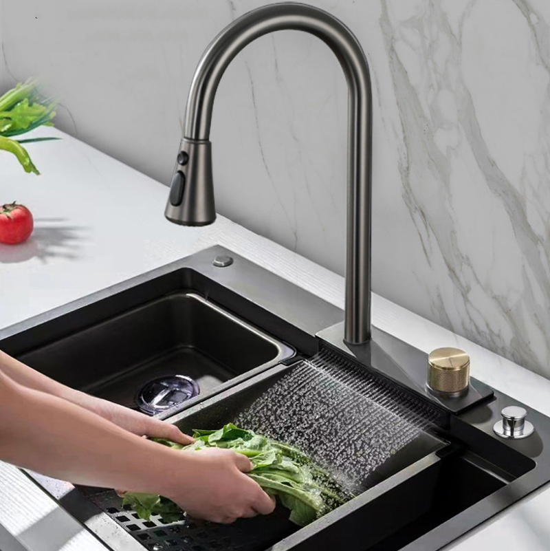 Hot Selling Waterfall Kitchen Sink Nano Black 304 Stainless Steel Handmade Kitchen Sink with Waterfall Pull Out Kitchen Faucet