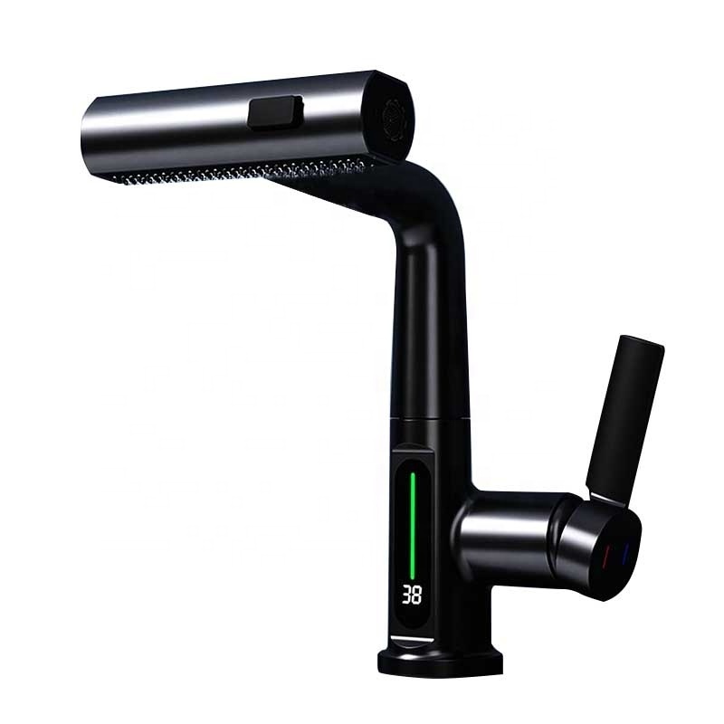 Bathroom Basin Mixer Tap Swivel with Pull Out Spray Led Display Pull Out Mixer Tap for Bathroom Sink Mixer with Shower Black