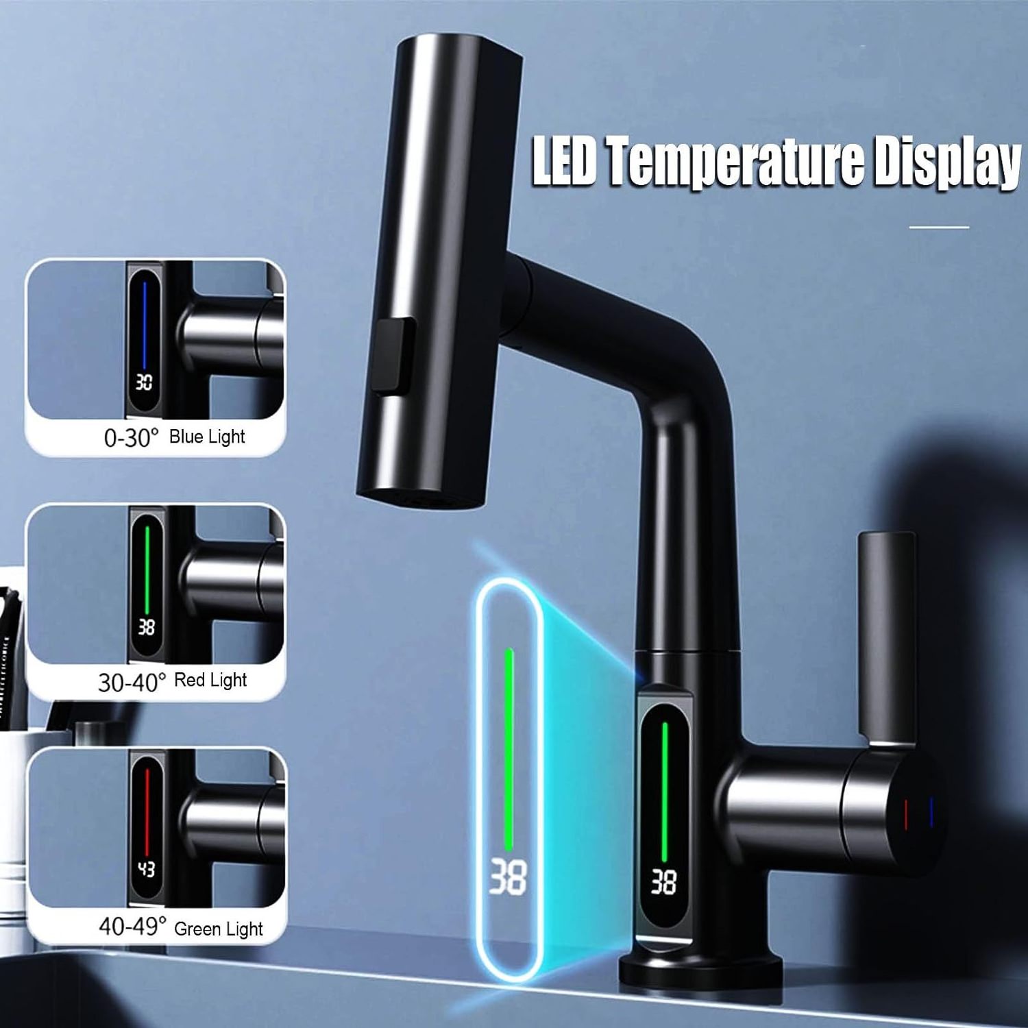 Bathroom Basin Mixer Tap Swivel with Pull Out Spray Led Display Pull Out Mixer Tap for Bathroom Sink Mixer with Shower Black