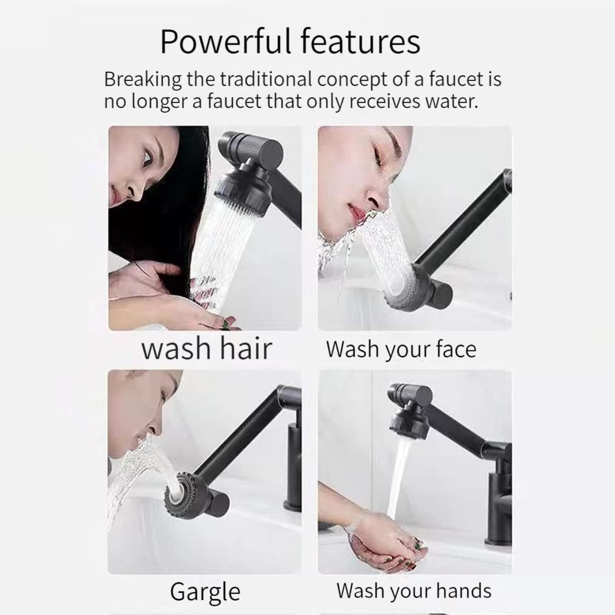 1080 Degree Swivel Black Faucet for Bathroom Sink with Big Angle Rotate Spray Dual Function Single Handle Vanity Lavatory Tap