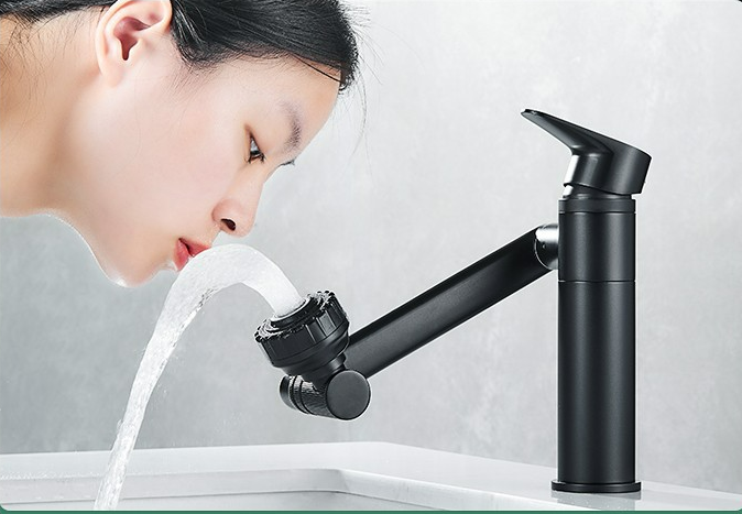 1080 Degree Swivel Black Faucet for Bathroom Sink with Big Angle Rotate Spray Dual Function Single Handle Vanity Lavatory Tap