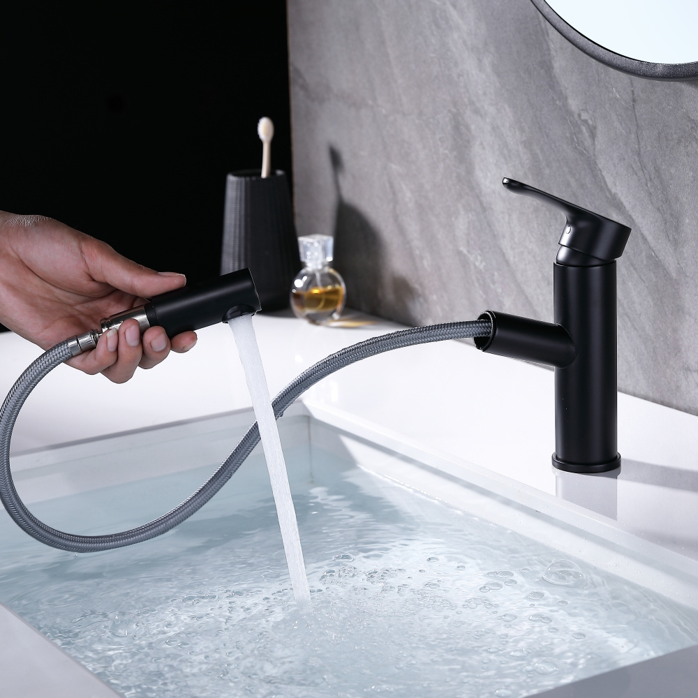 Convenient Design Flexible Item Hot Sale Black Brass Main Body Pull out Basin Faucets Wash kitchen sink for Hotel Bathroom CE