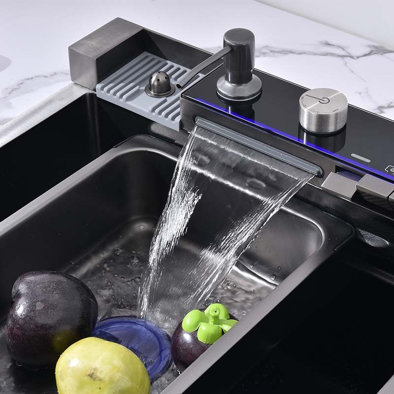 Black Grey Nano Kitchen Sink Waterfall Single Bowl Workstation Sink Multi-functional Digital Display Fly Rain Pull-Out Faucet