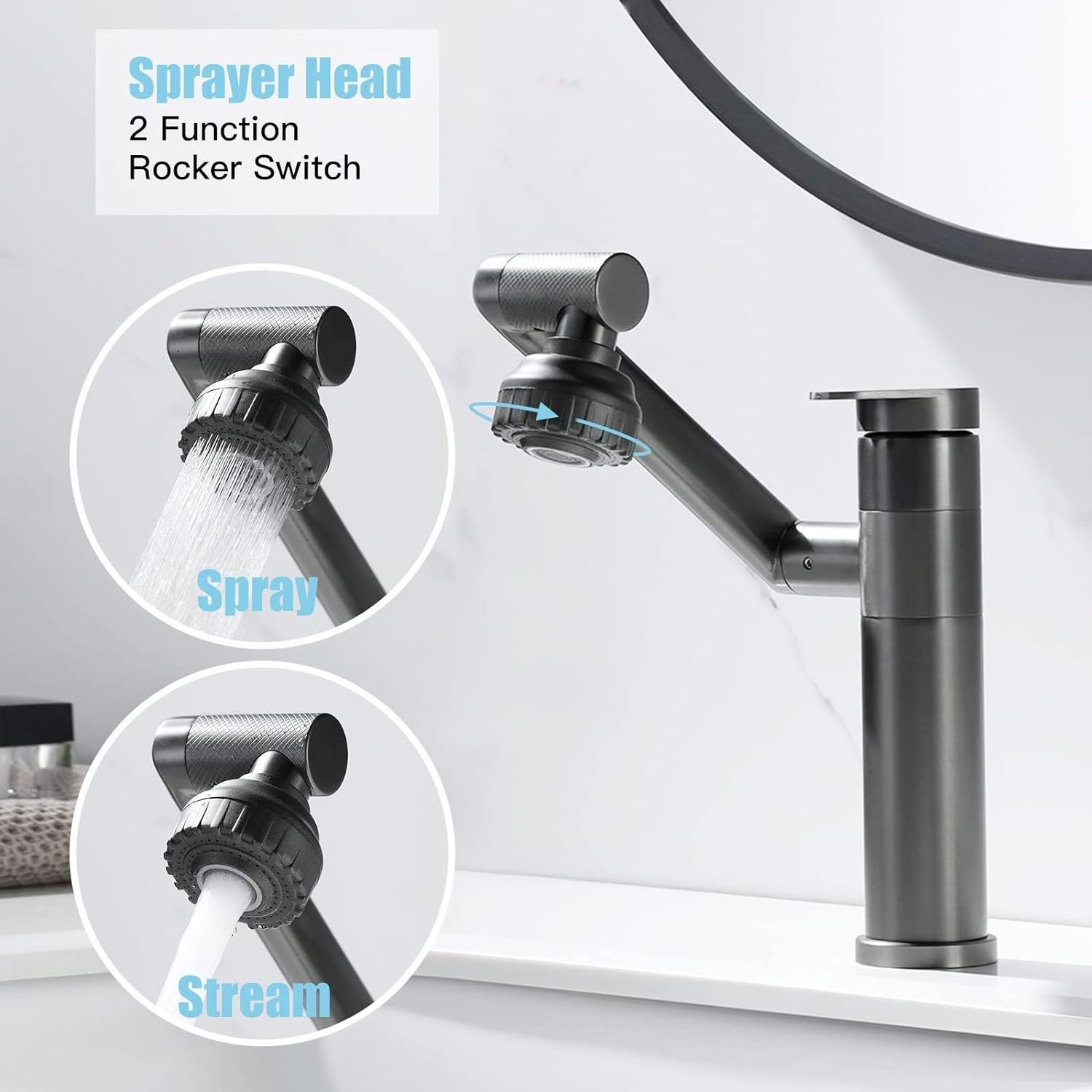 1080 Degree Swivel Gun Grey Lavatory Basin Faucet Big Angle Spray Aerator Spout Universal Rotating 2 Way Outlet Modes Sink Mixer